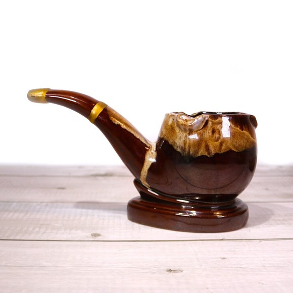 PIPE ASHTRAY Drip Glaze Vintage TOBACCO Brown Drip w Gold Trim Napco Artmark - Picture 3 of 10